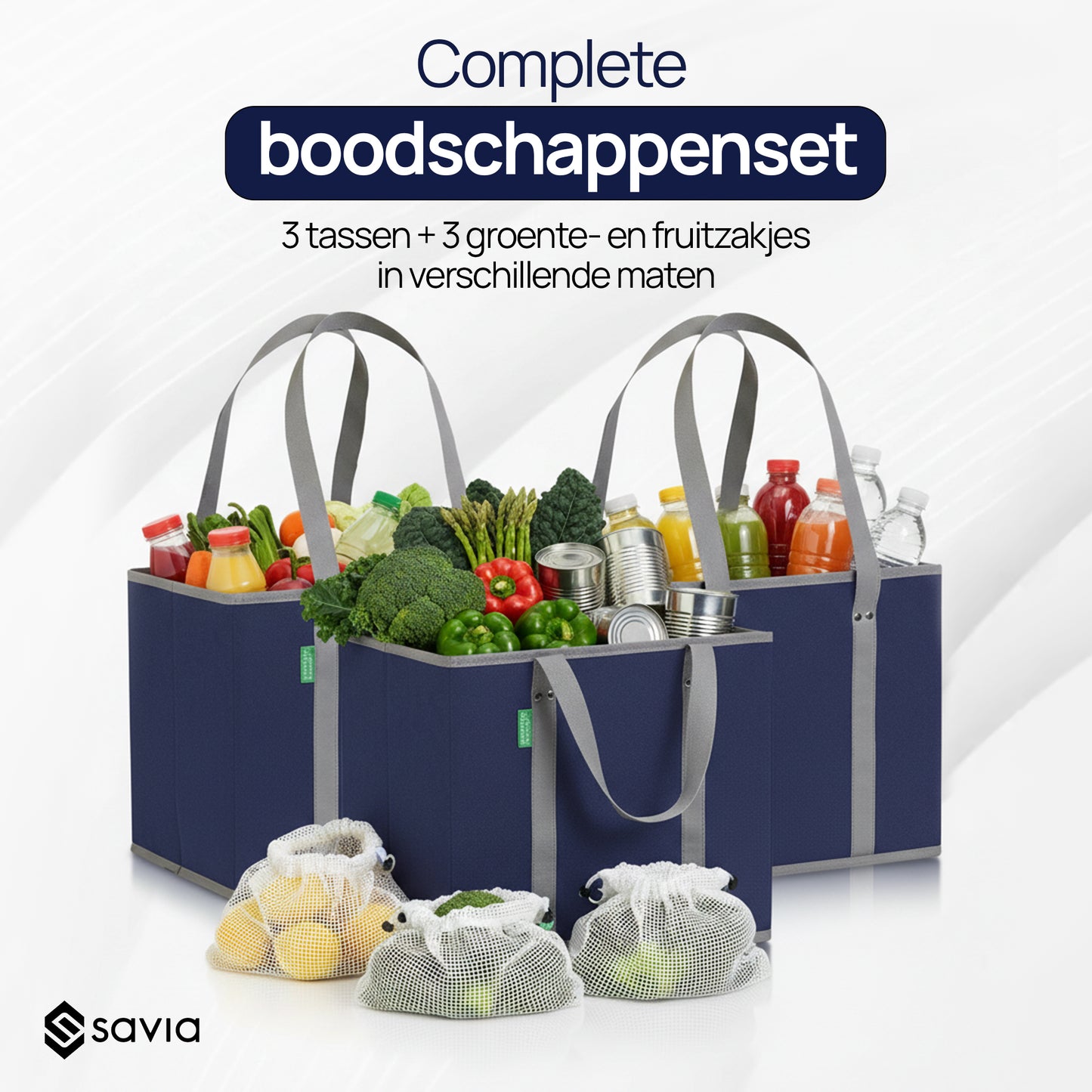 Boodschappentas Incl. Organizer Tasjes - Set van 3 - Navy Blauw