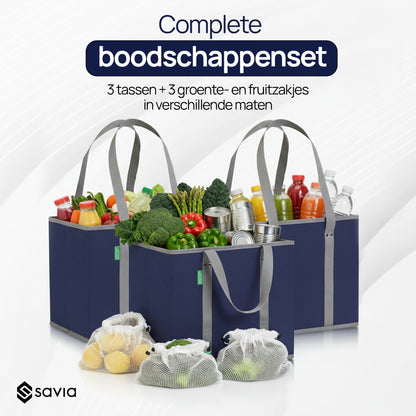 Boodschappentas Incl. Organizer Tasjes - Set van 3 - Navy Blauw